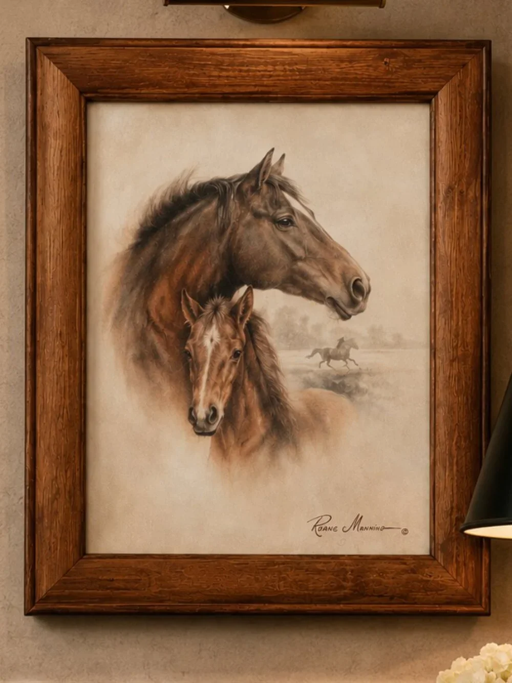 Vintage Signed Ruane Manning Horse & Colt Wooden Framed Art Print